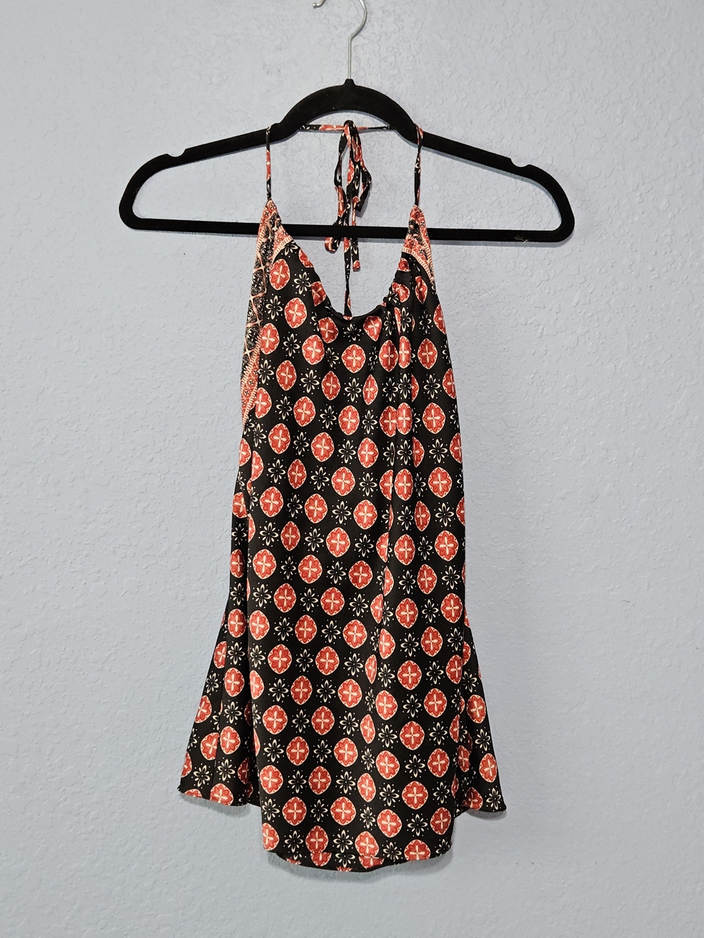 Loft - Navy Halter Silkt Top with Red Medallion Print